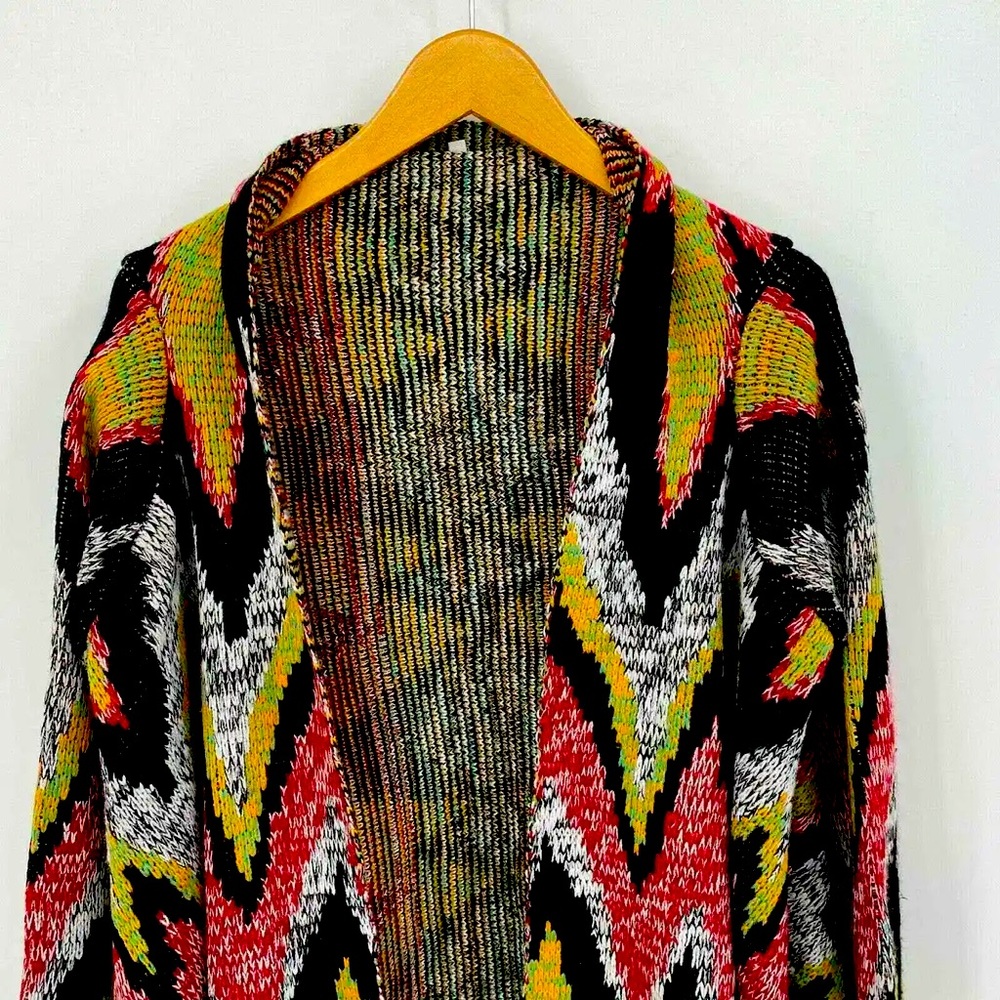 Woven Heart Cardigan Sweater Womens Large Black Multicolor Aztec Knit Fringe